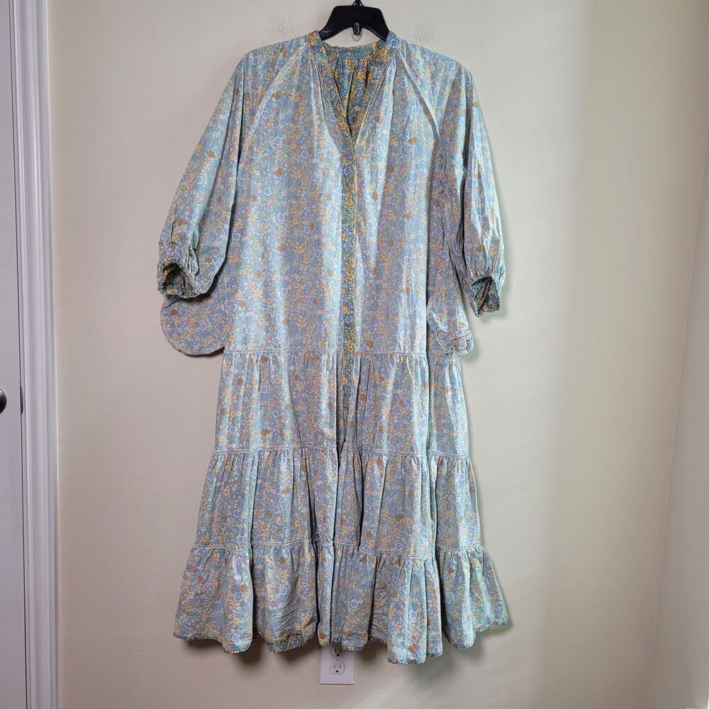 MABLE Cottagecore Tiered Maxi Shirt Dress Groovy Floral Print Spring Vacation - Picture 15 of 16